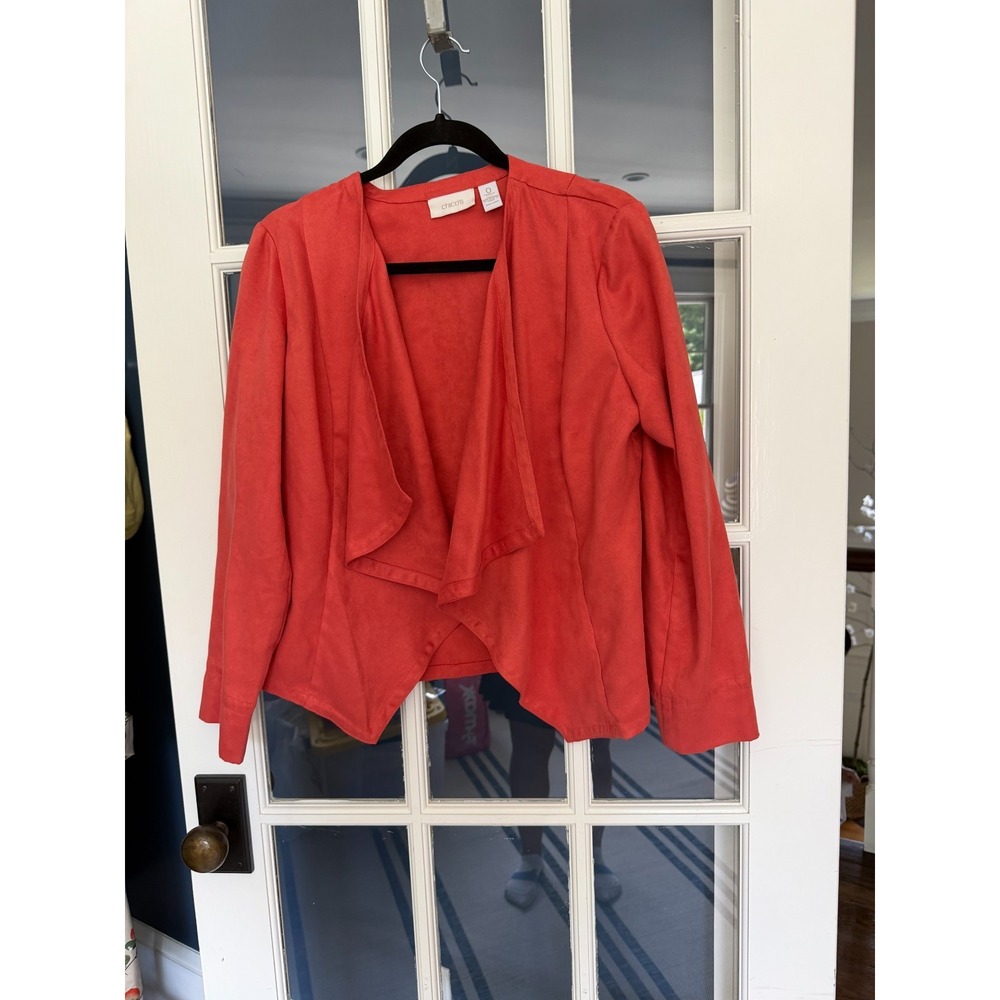 $159 CHICOS Faux Suede Open Cascading Jacket Topper Coral SZ 0